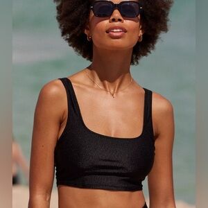 NWT Aerie Shine Rib Longline Scoop Bikini Top in Black - Size XXS
